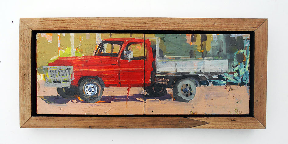 An oil painting of an F100 truck in a DIY picture frame