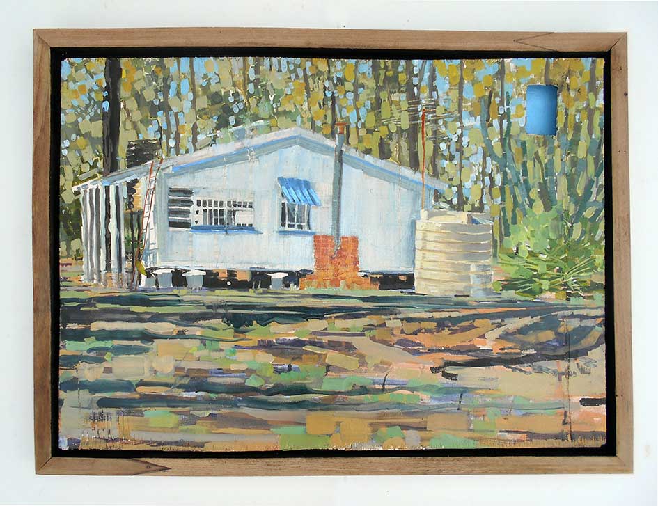 An impressionistic oil painting of an old workers cottage in the Australian bush